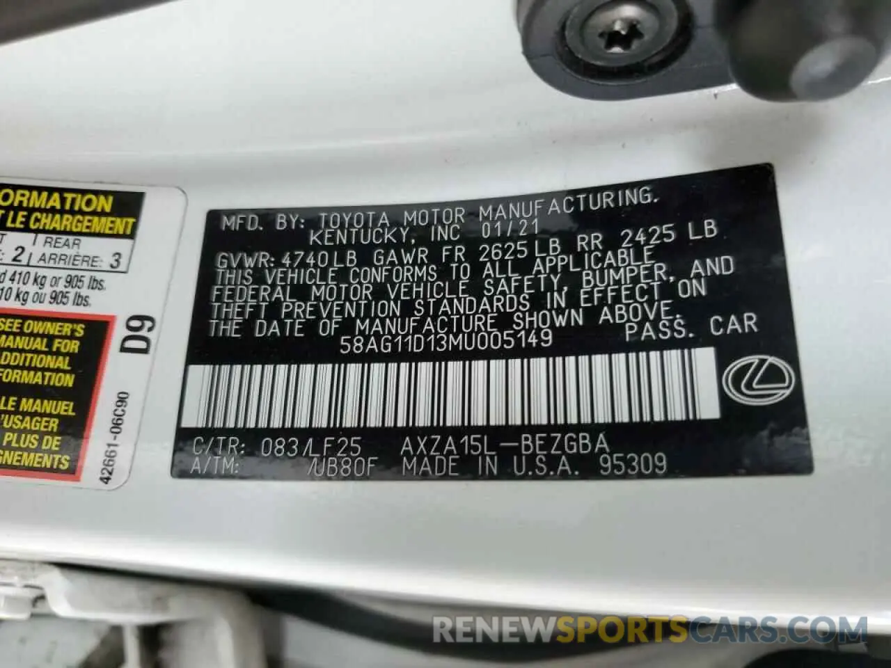 12 fotografías del automóvil dañado 58AG11D13MU005149 LEXUS ES250 2021