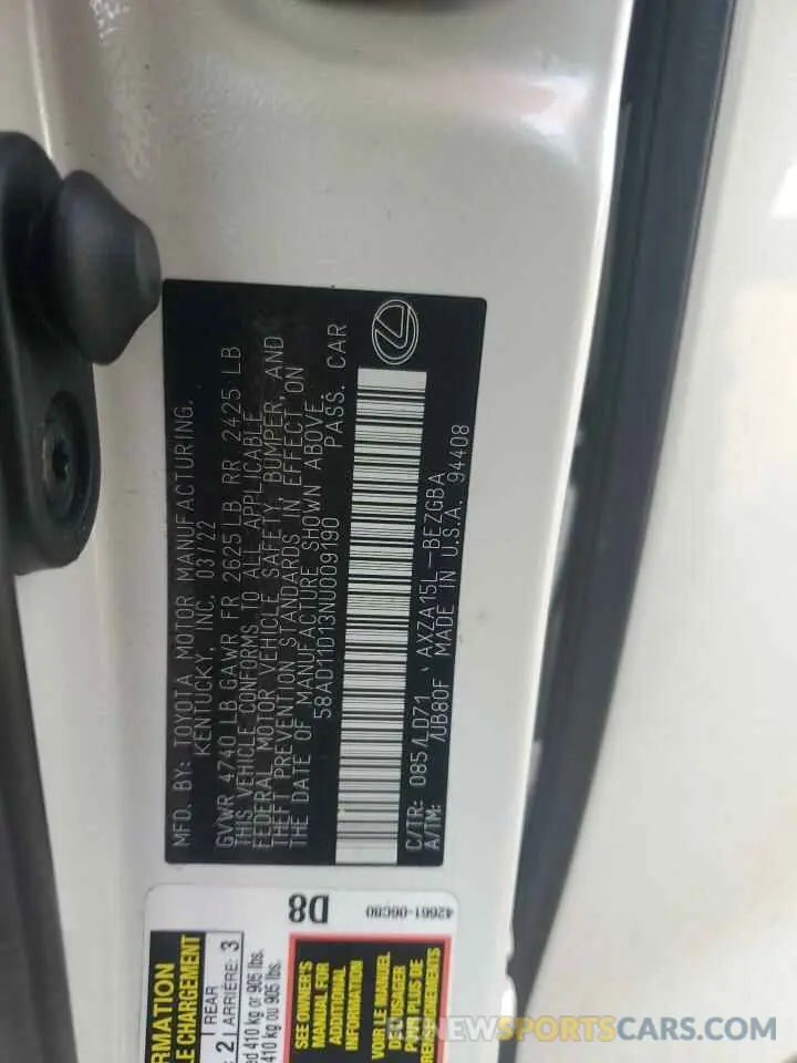 13 fotografías del automóvil dañado 58AD11D13NU009190 LEXUS ES250 2022