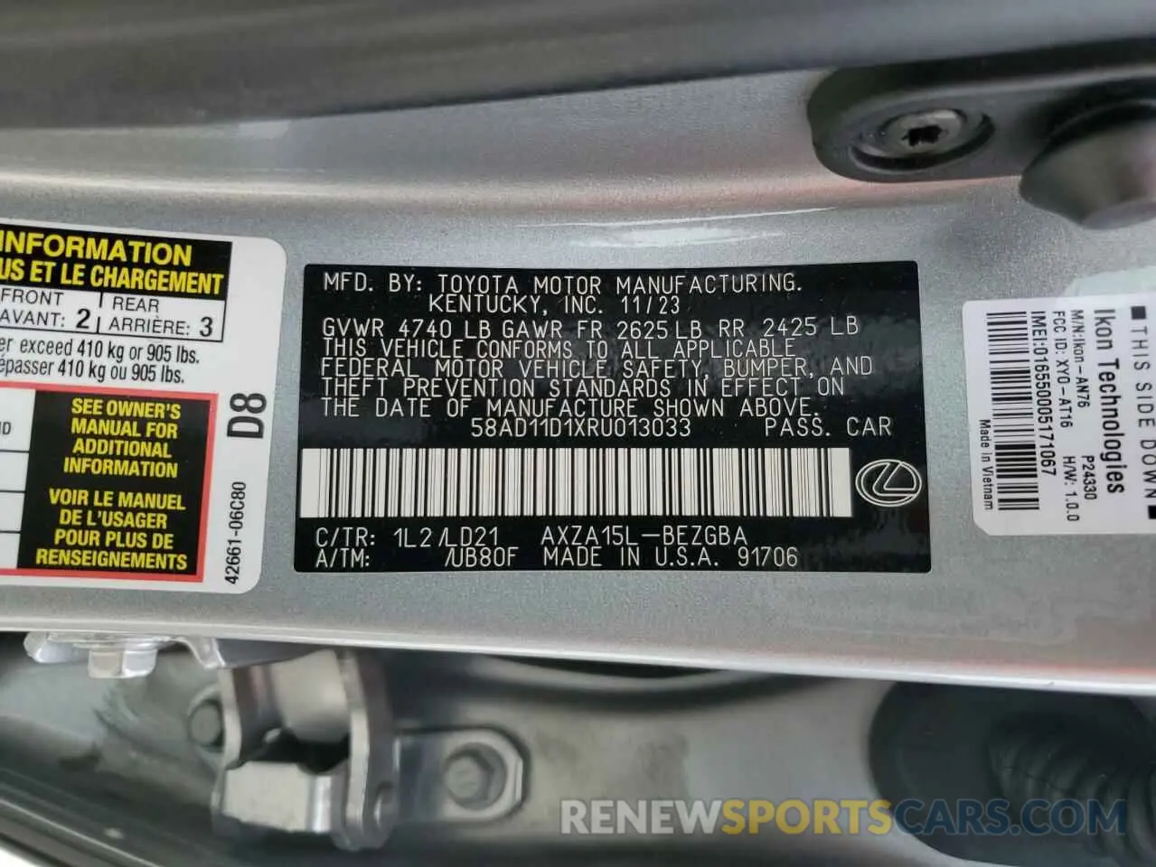 14 fotografías del automóvil dañado 58AD11D1XRU013033 LEXUS ES250 2024