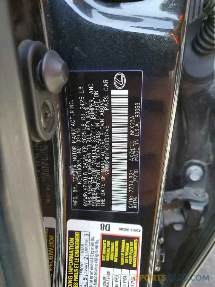 13 fotografías del automóvil dañado 58AB21B11KU003746 LEXUS ES300 2019