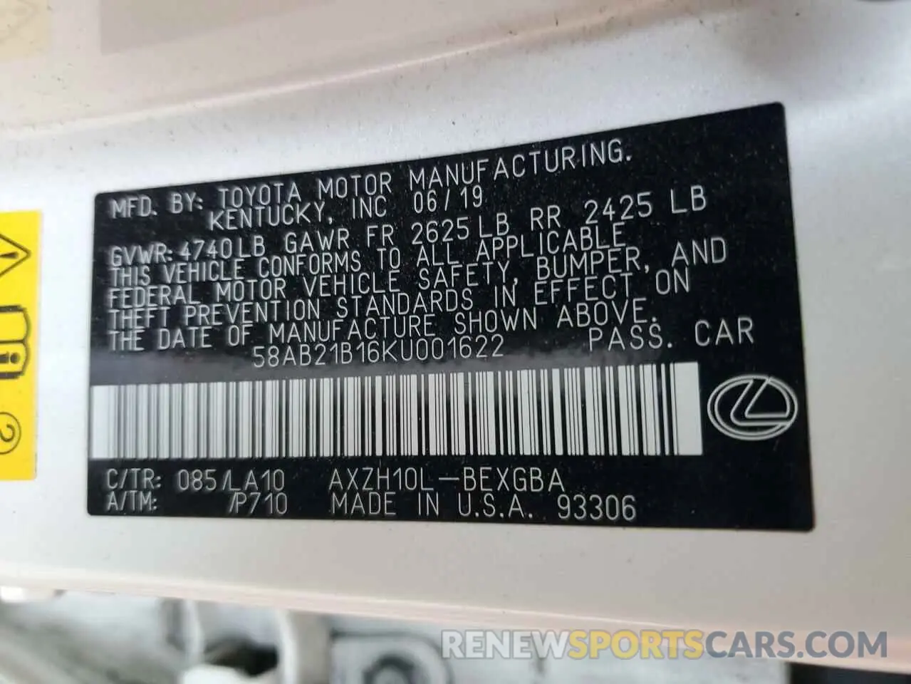 12 fotografías del automóvil dañado 58AB21B16KU001622 LEXUS ES300 2019