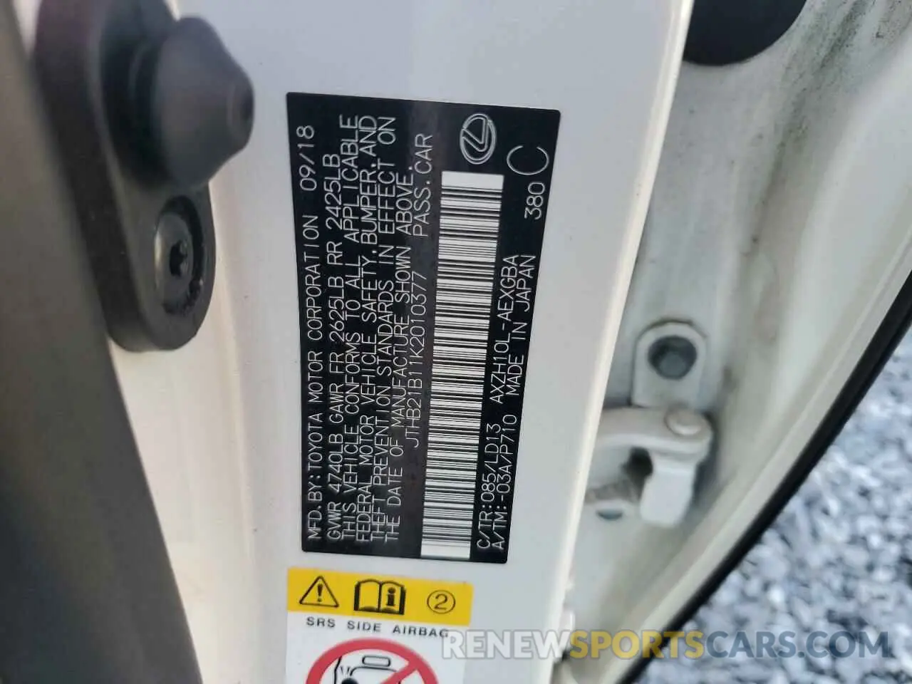 12 fotografías del automóvil dañado JTHB21B11K2010377 LEXUS ES300 2019