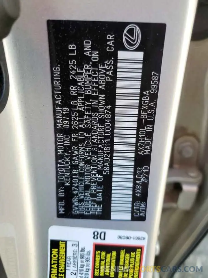 12 fotografías del automóvil dañado 58AD21B11LU004874 LEXUS ES300 2020
