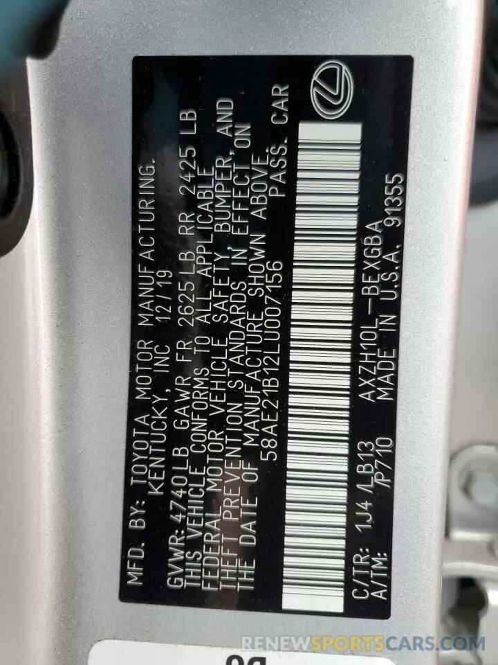 12 fotografías del automóvil dañado 58AE21B12LU007156 LEXUS ES300 2020