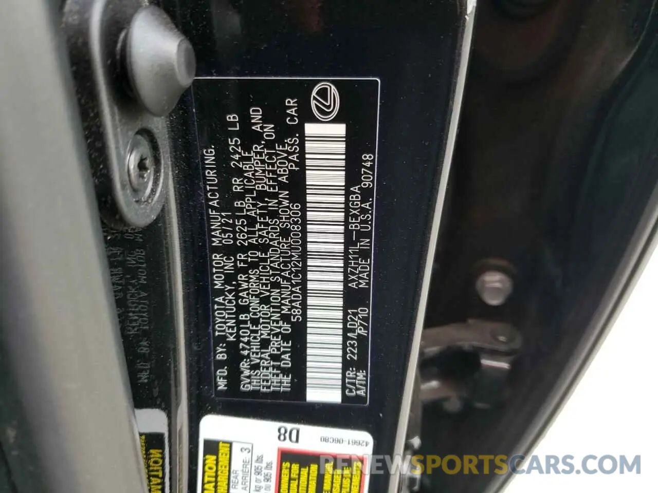 10 fotografías del automóvil dañado 58ADA1C12MU008306 LEXUS ES300 2021
