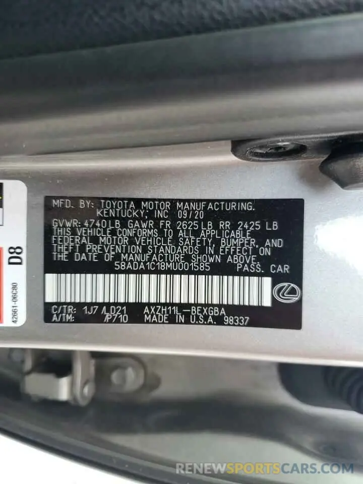13 fotografías del automóvil dañado 58ADA1C18MU001585 LEXUS ES300 2021