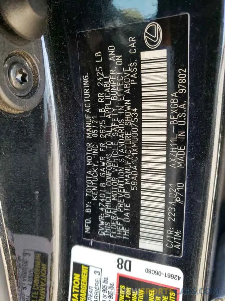 12 fotografías del automóvil dañado 58ADA1C1XMU007534 LEXUS ES300 2021