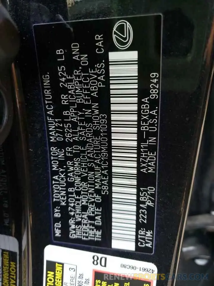 10 fotografías del automóvil dañado 58AEA1C19MU011093 LEXUS ES300 2021