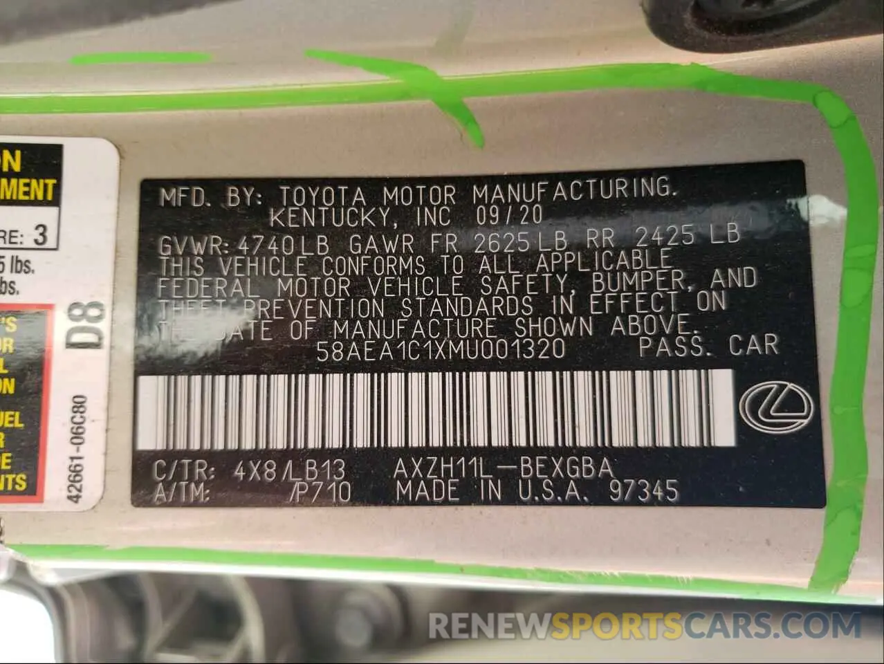 10 fotografías del automóvil dañado 58AEA1C1XMU001320 LEXUS ES300 2021