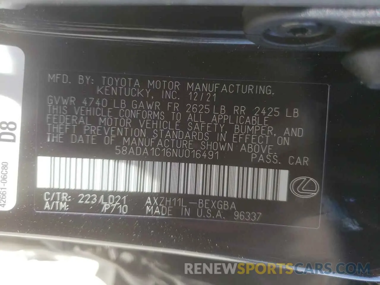 10 fotografías del automóvil dañado 58ADA1C16NU016491 LEXUS ES300 2022