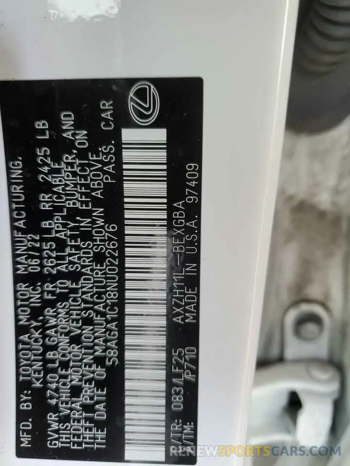 12 fotografías del automóvil dañado 58AGA1C18NU022676 LEXUS ES300 2022