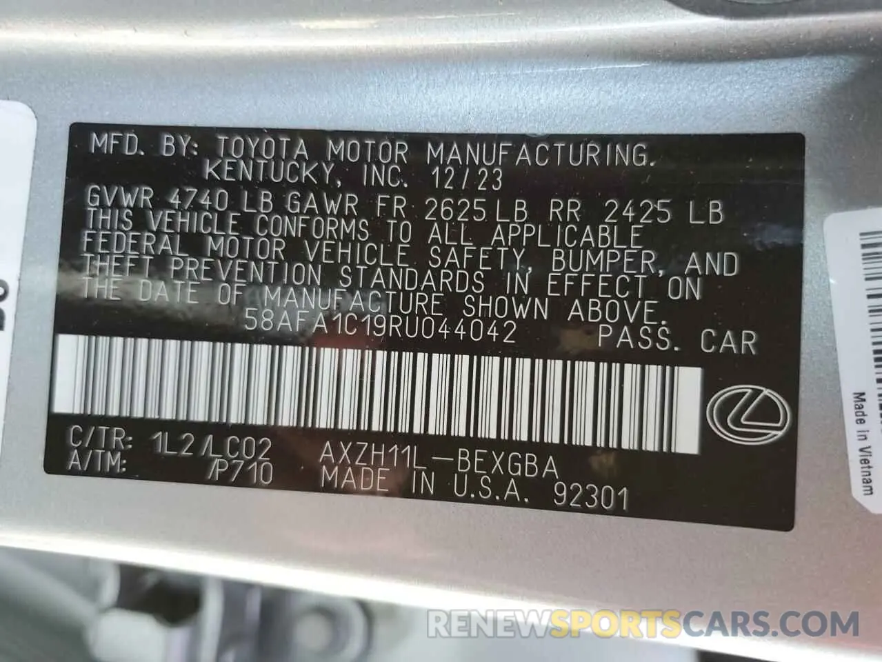 12 fotografías del automóvil dañado 58AFA1C19RU044042 LEXUS ES300 2024