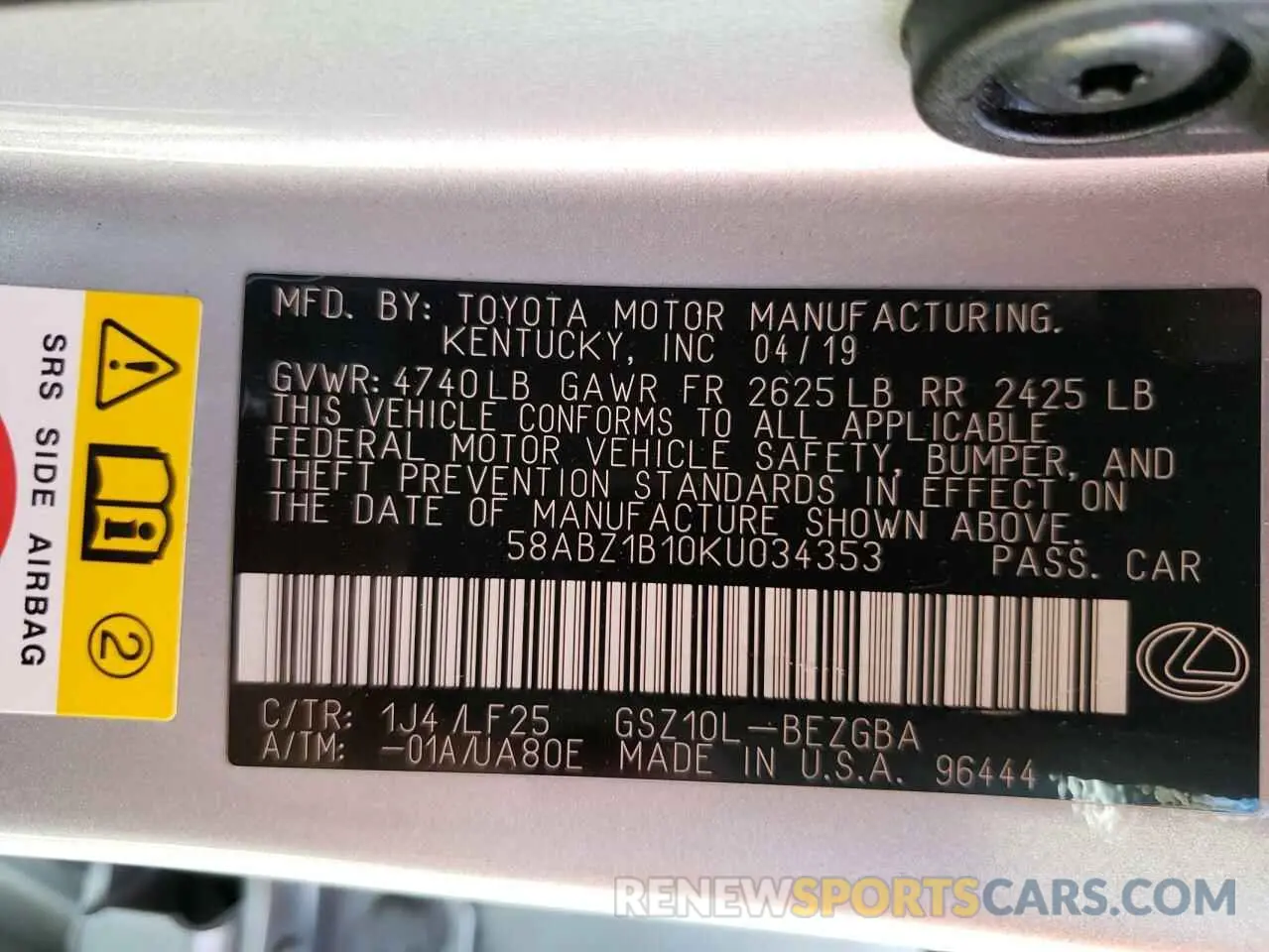 10 fotografías del automóvil dañado 58ABZ1B10KU034353 LEXUS ES350 2019