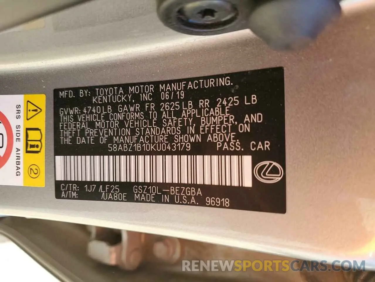12 fotografías del automóvil dañado 58ABZ1B10KU043179 LEXUS ES350 2019