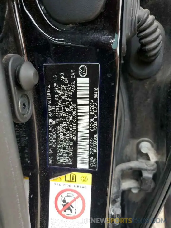 12 fotografías del automóvil dañado 58ABZ1B11KU008358 LEXUS ES350 2019