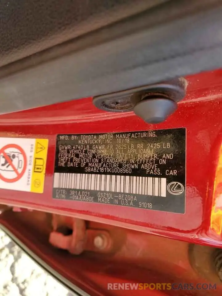 12 fotografías del automóvil dañado 58ABZ1B11KU008960 LEXUS ES350 2019