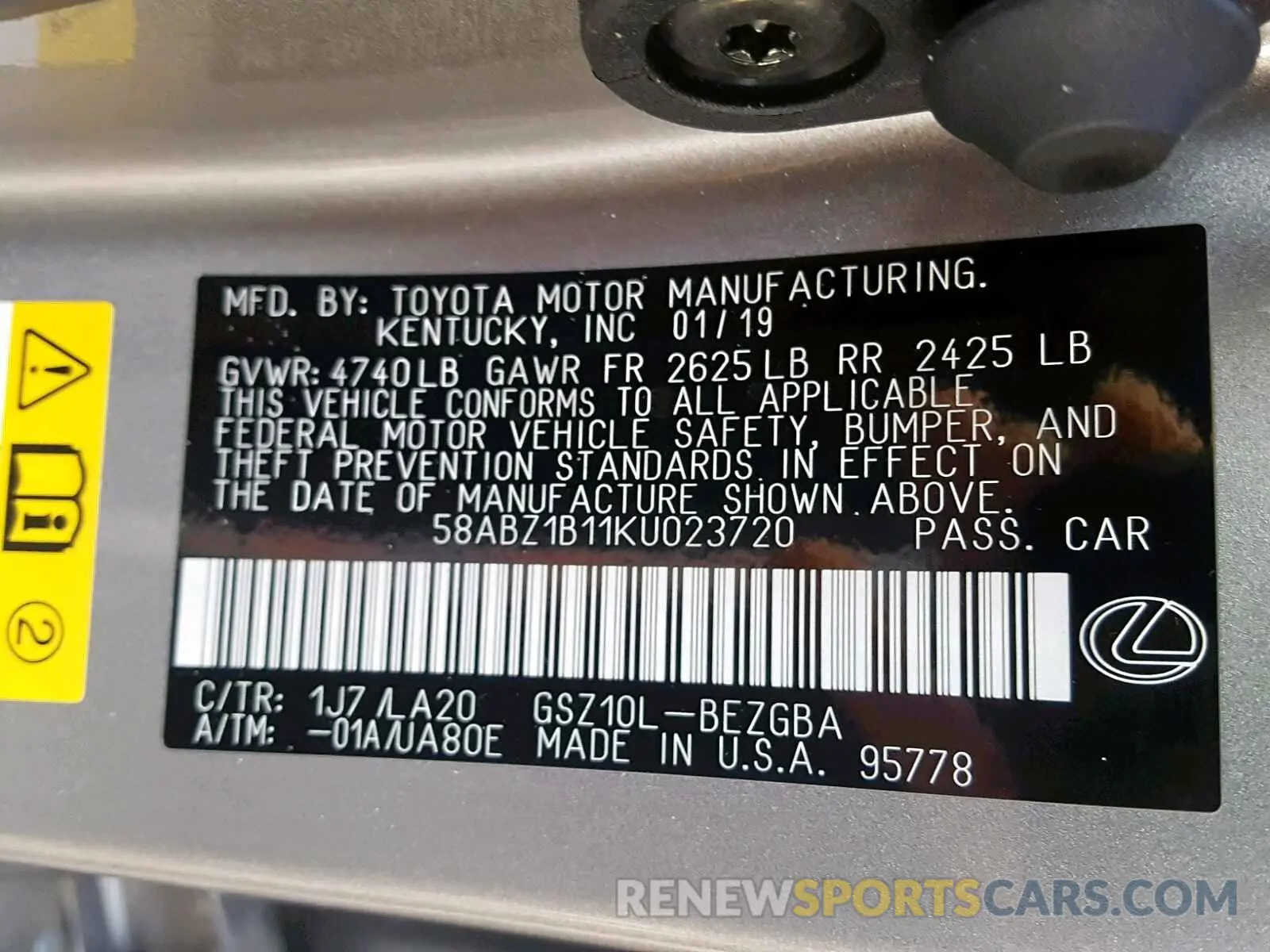 10 fotografías del automóvil dañado 58ABZ1B11KU023720 LEXUS ES350 2019