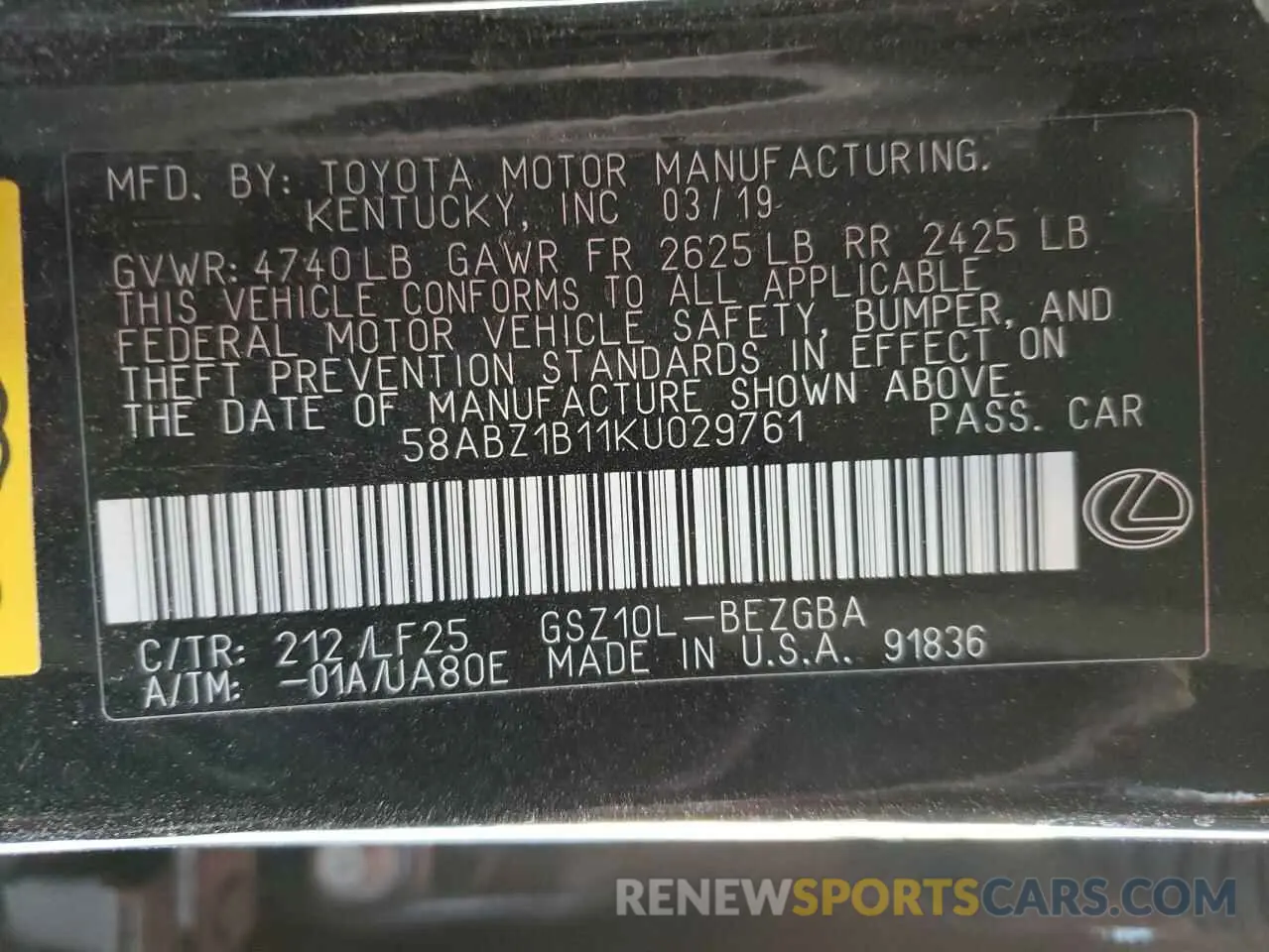 10 fotografías del automóvil dañado 58ABZ1B11KU029761 LEXUS ES350 2019