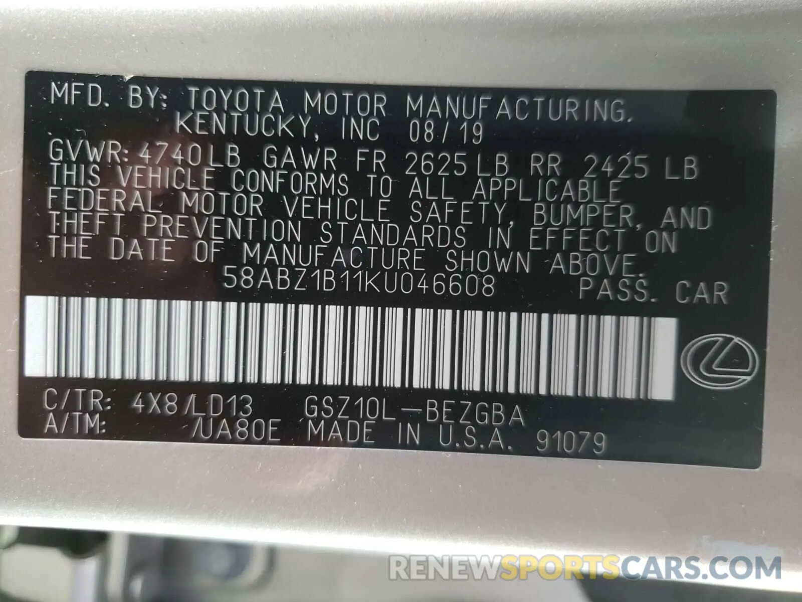 10 fotografías del automóvil dañado 58ABZ1B11KU046608 LEXUS ES350 2019
