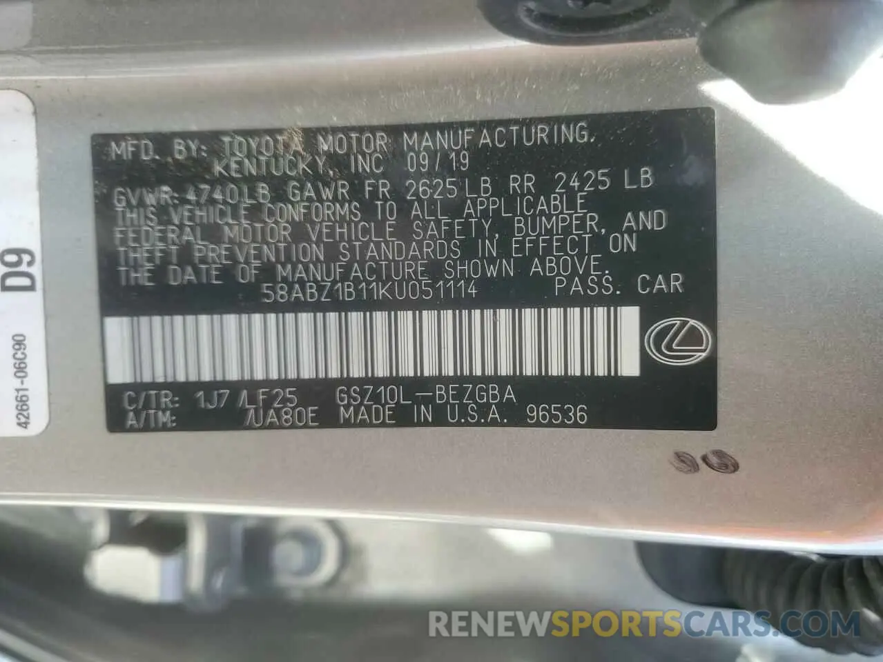 13 fotografías del automóvil dañado 58ABZ1B11KU051114 LEXUS ES350 2019