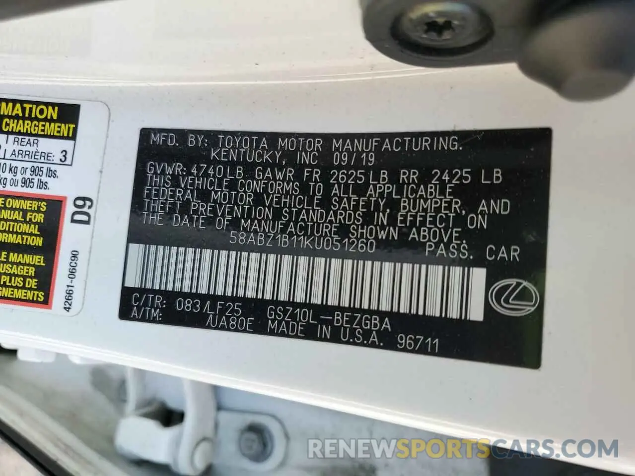 12 fotografías del automóvil dañado 58ABZ1B11KU051260 LEXUS ES350 2019