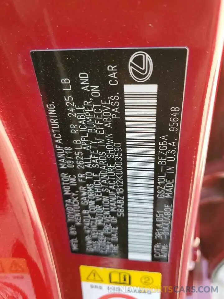 12 fotografías del automóvil dañado 58ABZ1B12KU003590 LEXUS ES350 2019