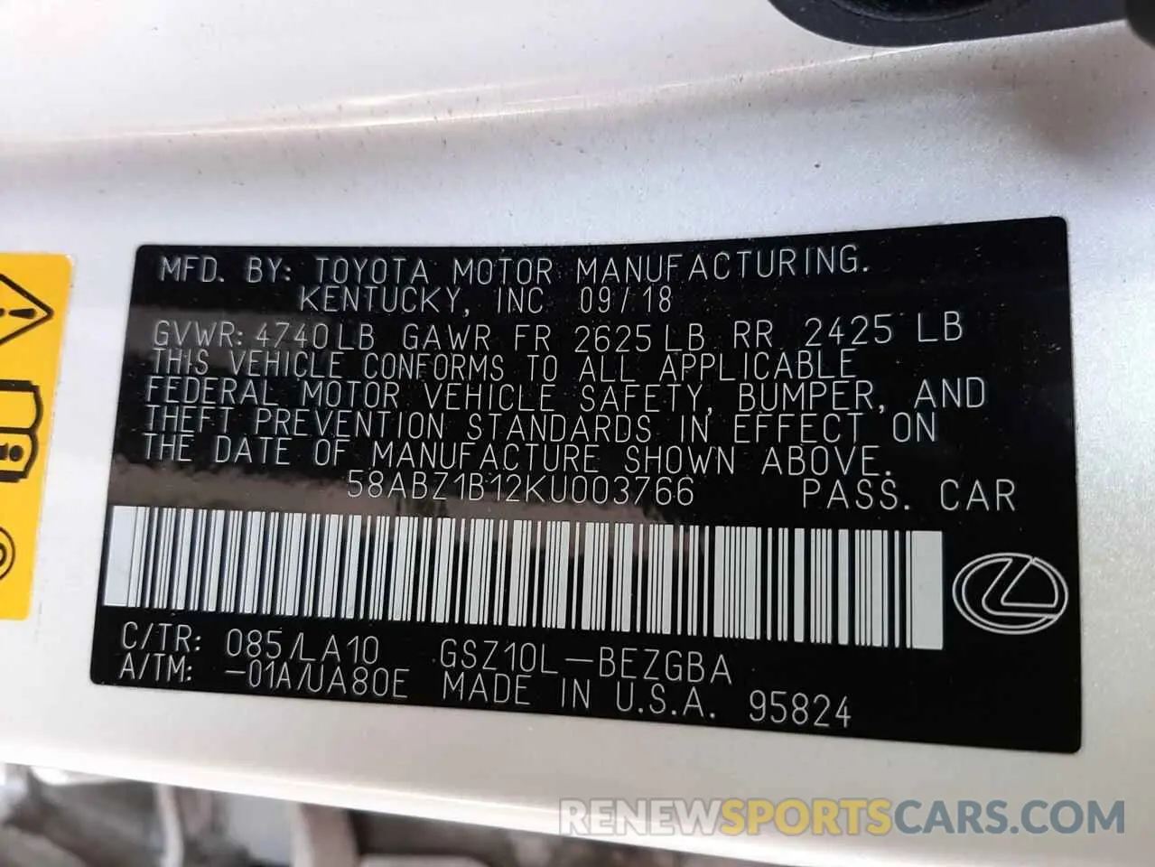 10 fotografías del automóvil dañado 58ABZ1B12KU003766 LEXUS ES350 2019