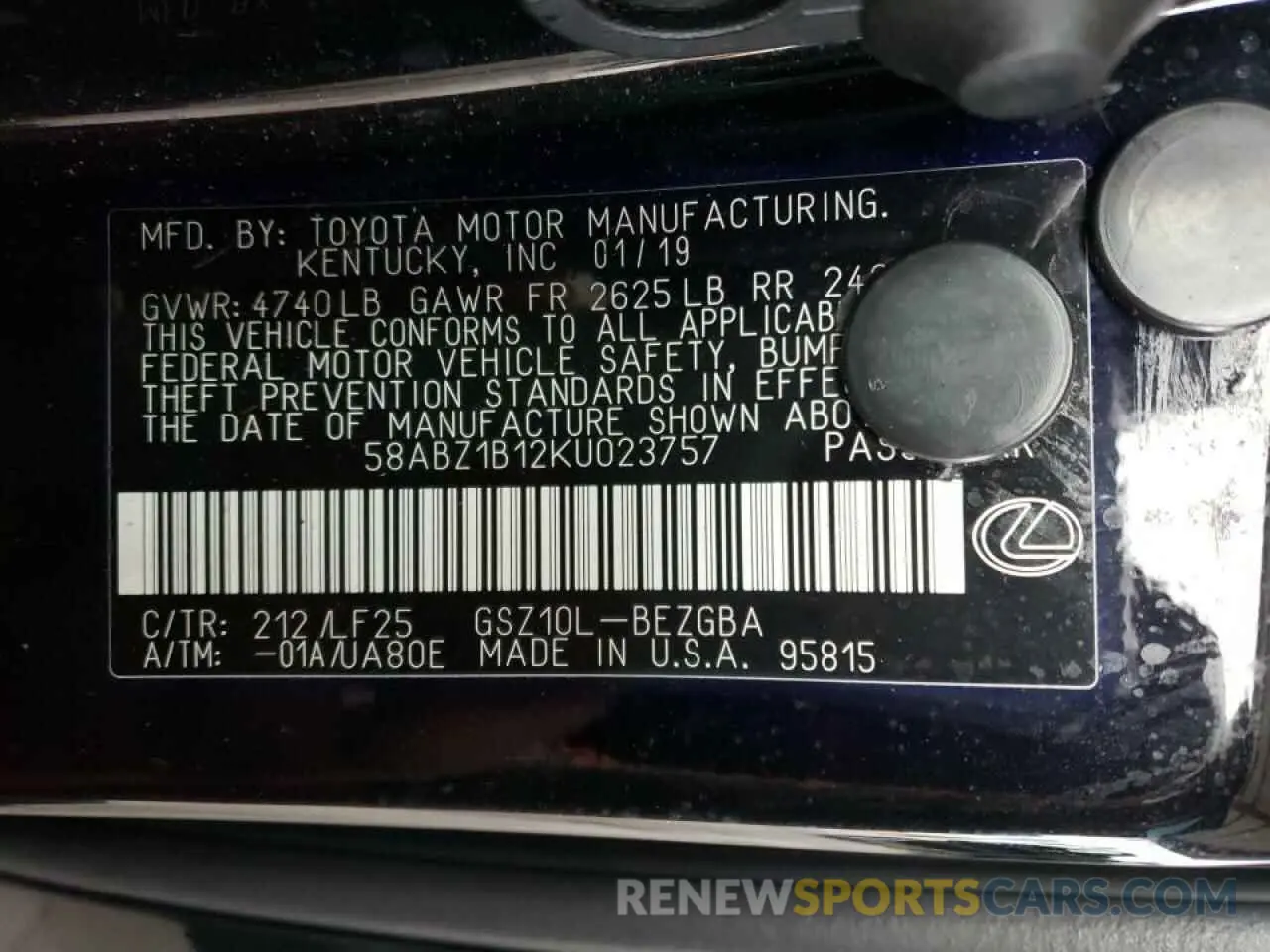 10 fotografías del automóvil dañado 58ABZ1B12KU023757 LEXUS ES350 2019