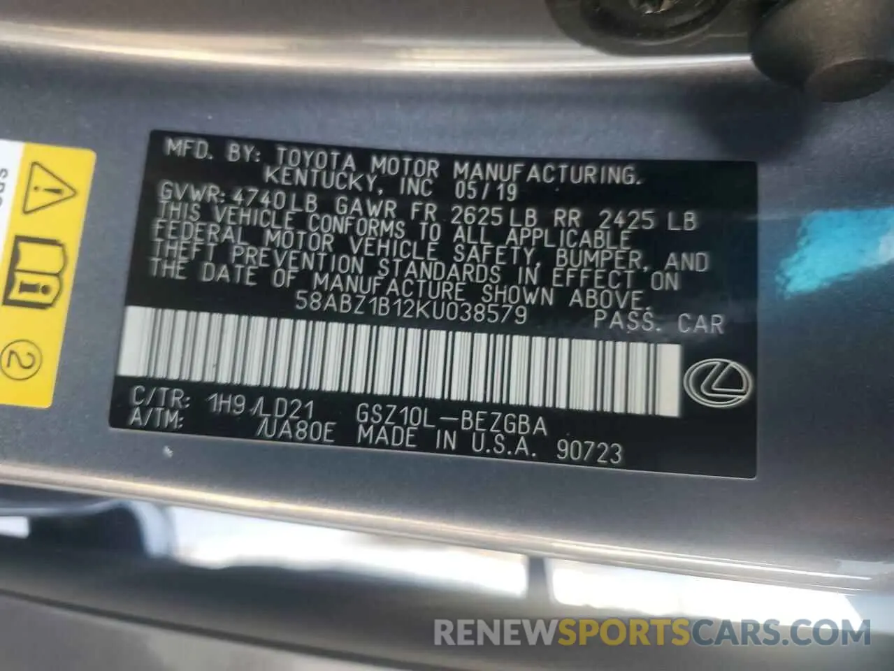 12 fotografías del automóvil dañado 58ABZ1B12KU038579 LEXUS ES350 2019