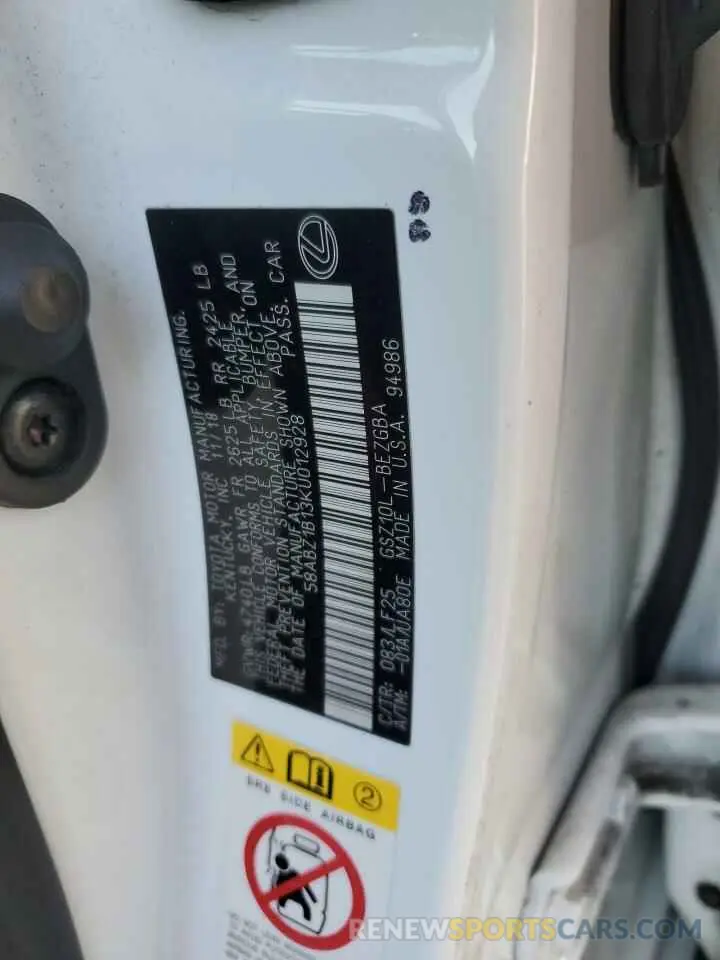 13 fotografías del automóvil dañado 58ABZ1B13KU012928 LEXUS ES350 2019
