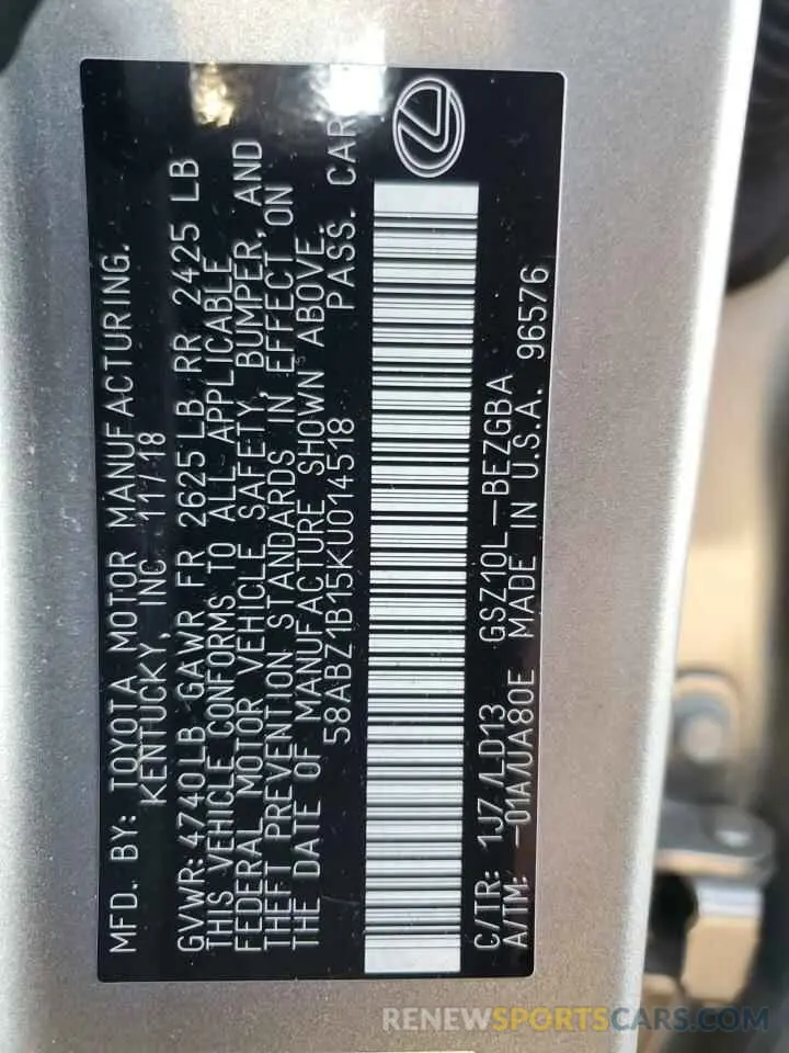 13 fotografías del automóvil dañado 58ABZ1B15KU014518 LEXUS ES350 2019