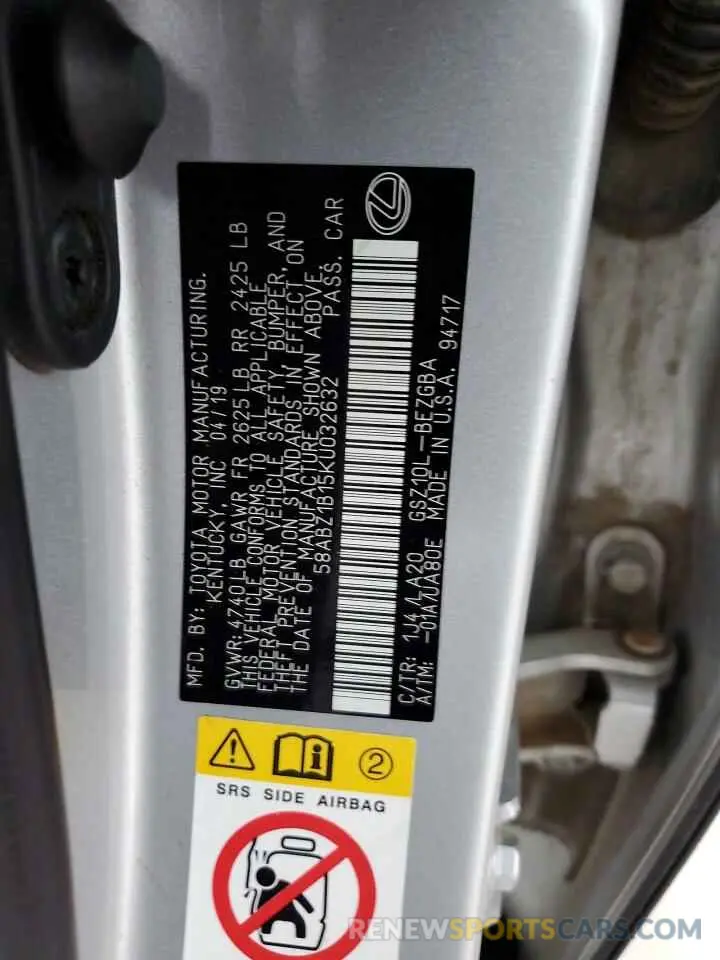 12 fotografías del automóvil dañado 58ABZ1B15KU032632 LEXUS ES350 2019