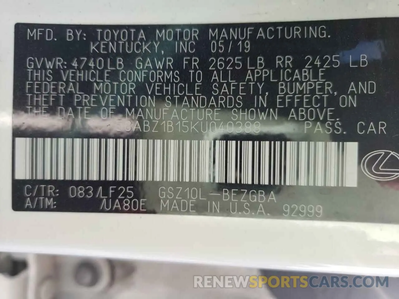 10 fotografías del automóvil dañado 58ABZ1B15KU040388 LEXUS ES350 2019