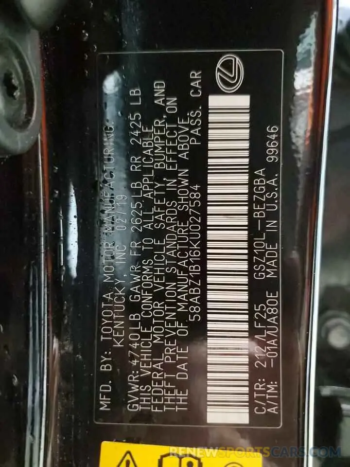 15 fotografías del automóvil dañado 58ABZ1B16KU027584 LEXUS ES350 2019
