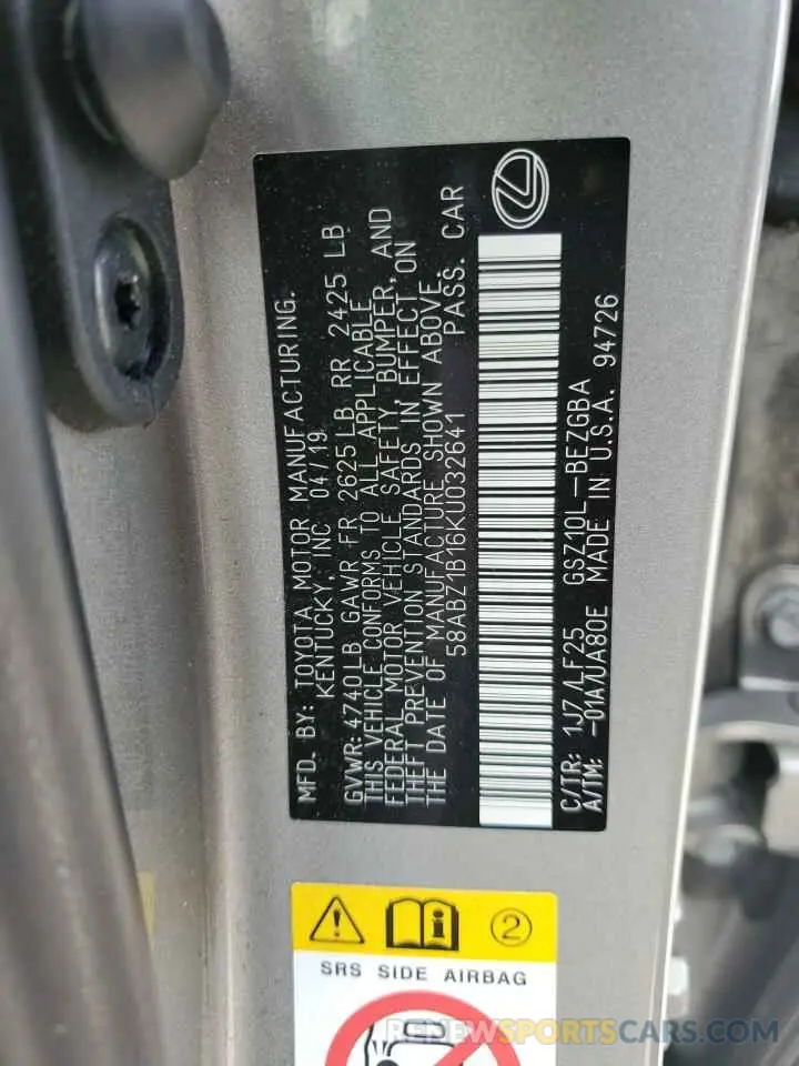 12 fotografías del automóvil dañado 58ABZ1B16KU032641 LEXUS ES350 2019