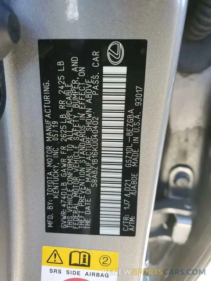 12 fotografías del automóvil dañado 58ABZ1B16KU040402 LEXUS ES350 2019