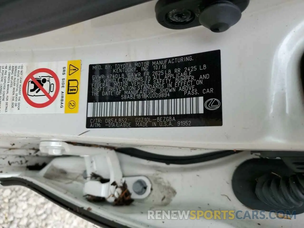 10 fotografías del automóvil dañado 58ABZ1B18KU009894 LEXUS ES350 2019