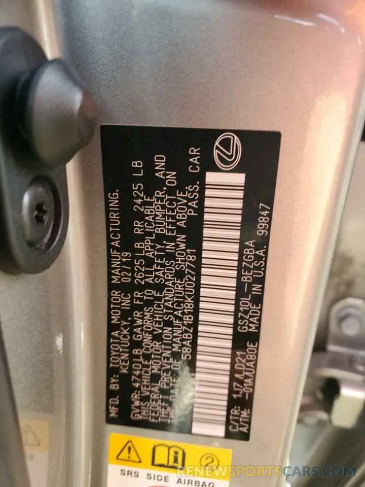 12 fotografías del automóvil dañado 58ABZ1B18KU027781 LEXUS ES350 2019