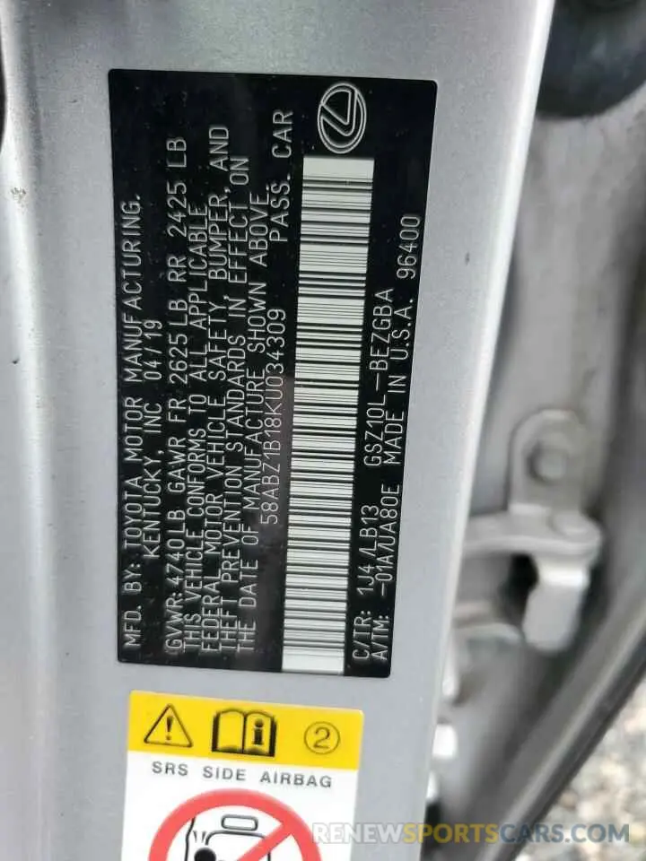 13 fotografías del automóvil dañado 58ABZ1B18KU034309 LEXUS ES350 2019
