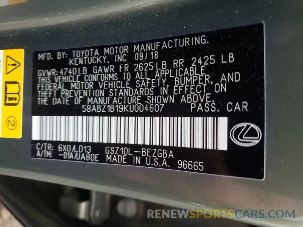 10 fotografías del automóvil dañado 58ABZ1B19KU004607 LEXUS ES350 2019