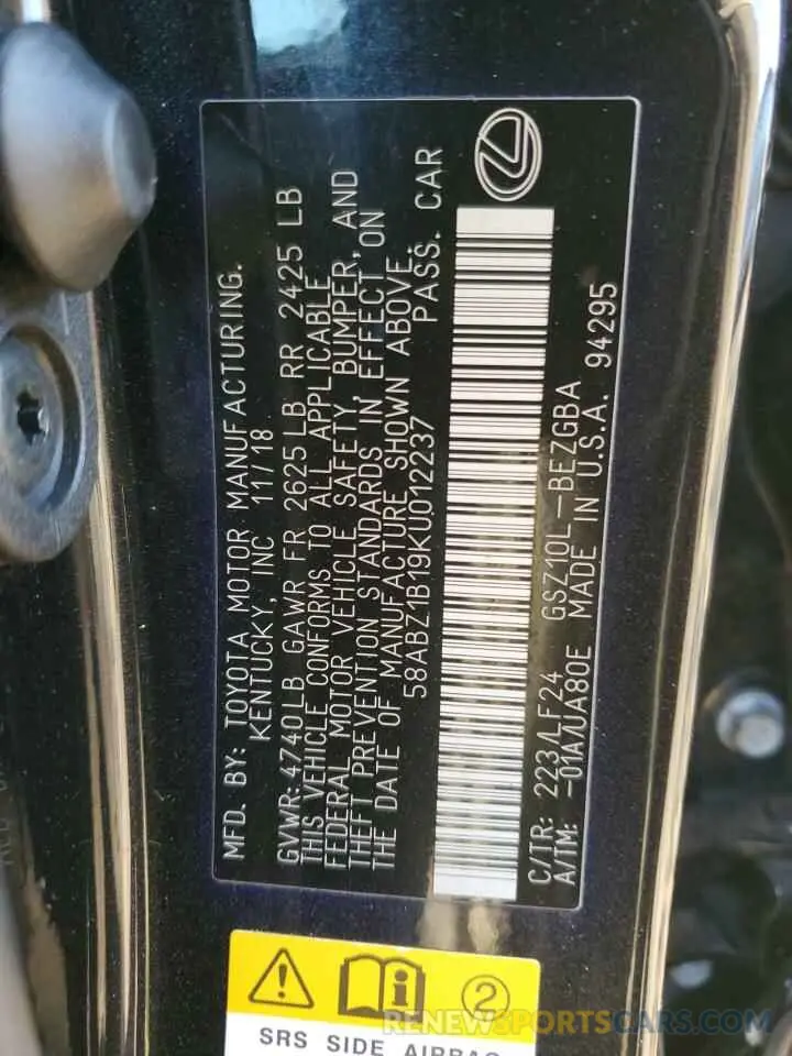 12 fotografías del automóvil dañado 58ABZ1B19KU012237 LEXUS ES350 2019