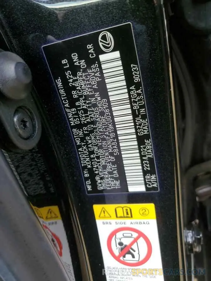 12 fotografías del automóvil dañado 58ABZ1B19KU038109 LEXUS ES350 2019