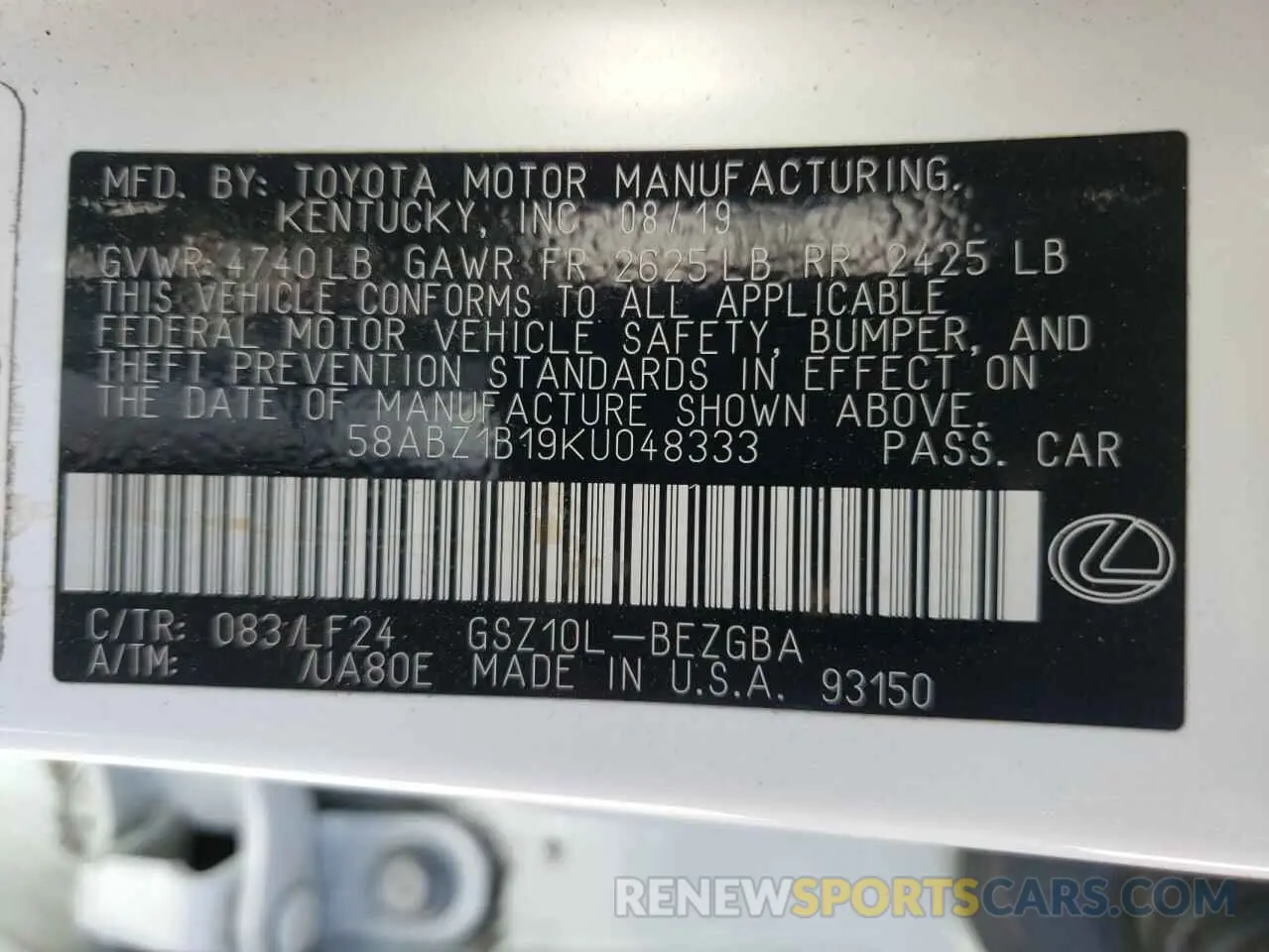 10 fotografías del automóvil dañado 58ABZ1B19KU048333 LEXUS ES350 2019