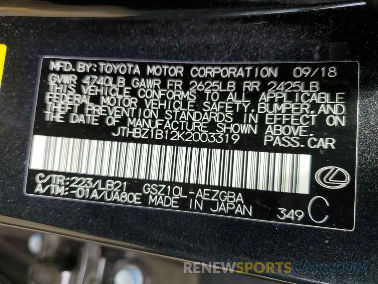 10 fotografías del automóvil dañado JTHBZ1B12K2003319 LEXUS ES350 2019