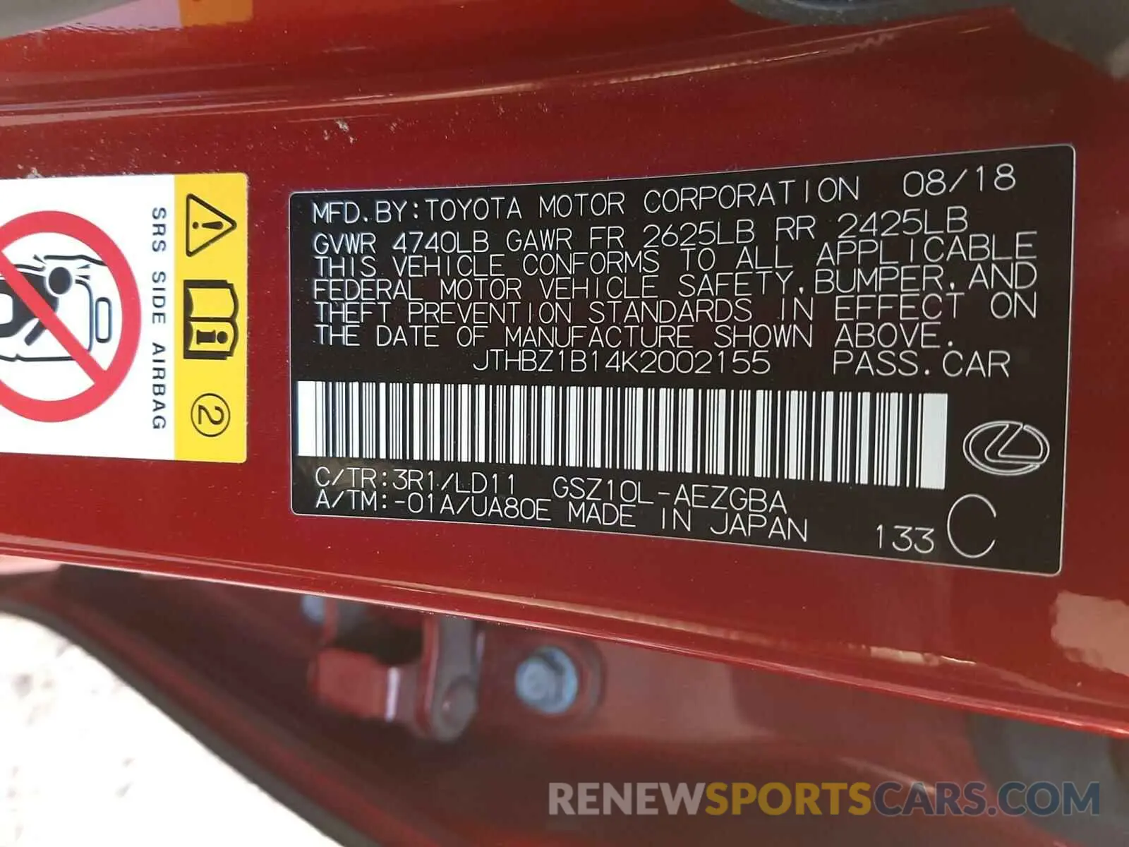 10 fotografías del automóvil dañado JTHBZ1B14K2002155 LEXUS ES350 2019