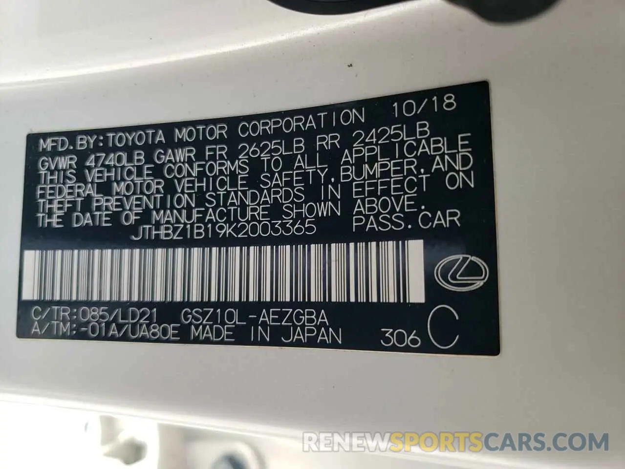 12 fotografías del automóvil dañado JTHBZ1B19K2003365 LEXUS ES350 2019