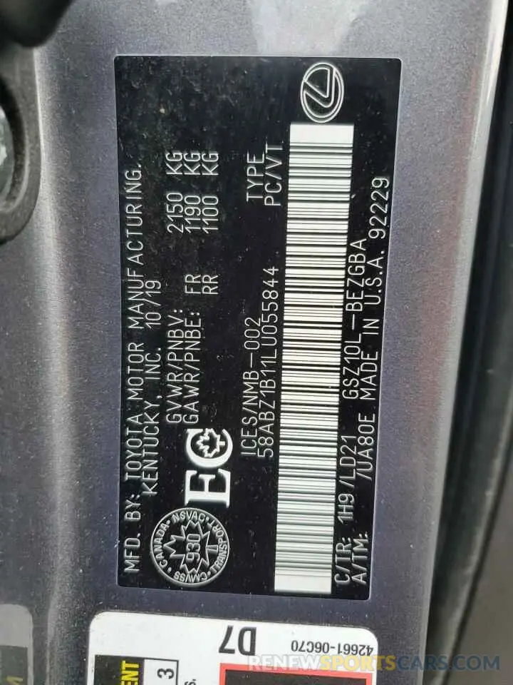 12 fotografías del automóvil dañado 58ABZ1B11LU055844 LEXUS ES350 2020