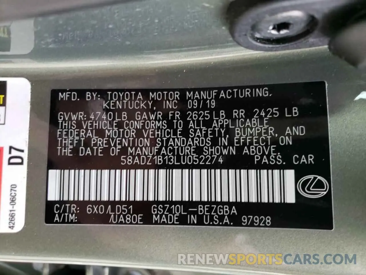 10 fotografías del automóvil dañado 58ADZ1B13LU052274 LEXUS ES350 2020