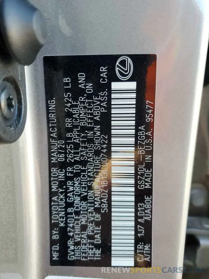 12 fotografías del automóvil dañado 58ADZ1B13LU074422 LEXUS ES350 2020