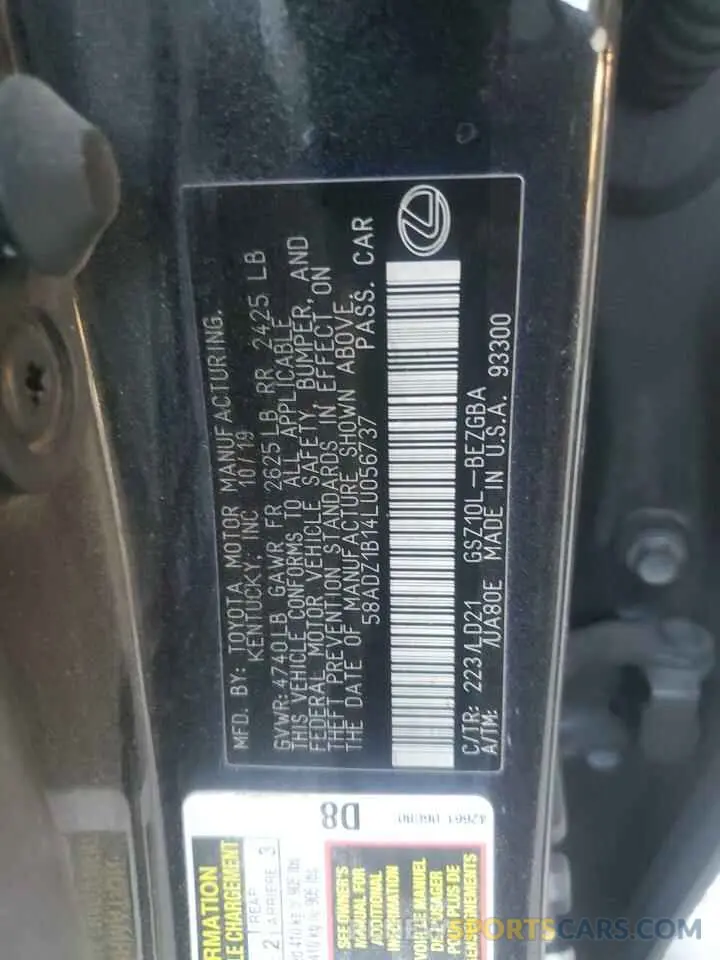 13 fotografías del automóvil dañado 58ADZ1B14LU056737 LEXUS ES350 2020